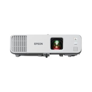 Proyector Epson blanco con objetivo central y rejilla de ventilación frontal